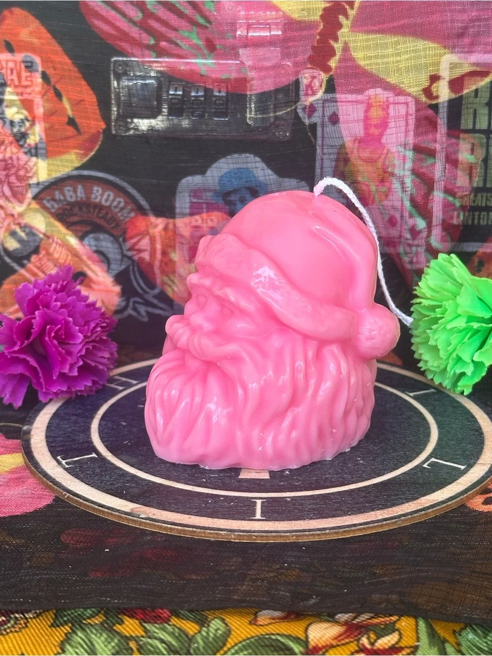 Handmade Pink Santa Head Candle – Retro Christmas Figurine Candle